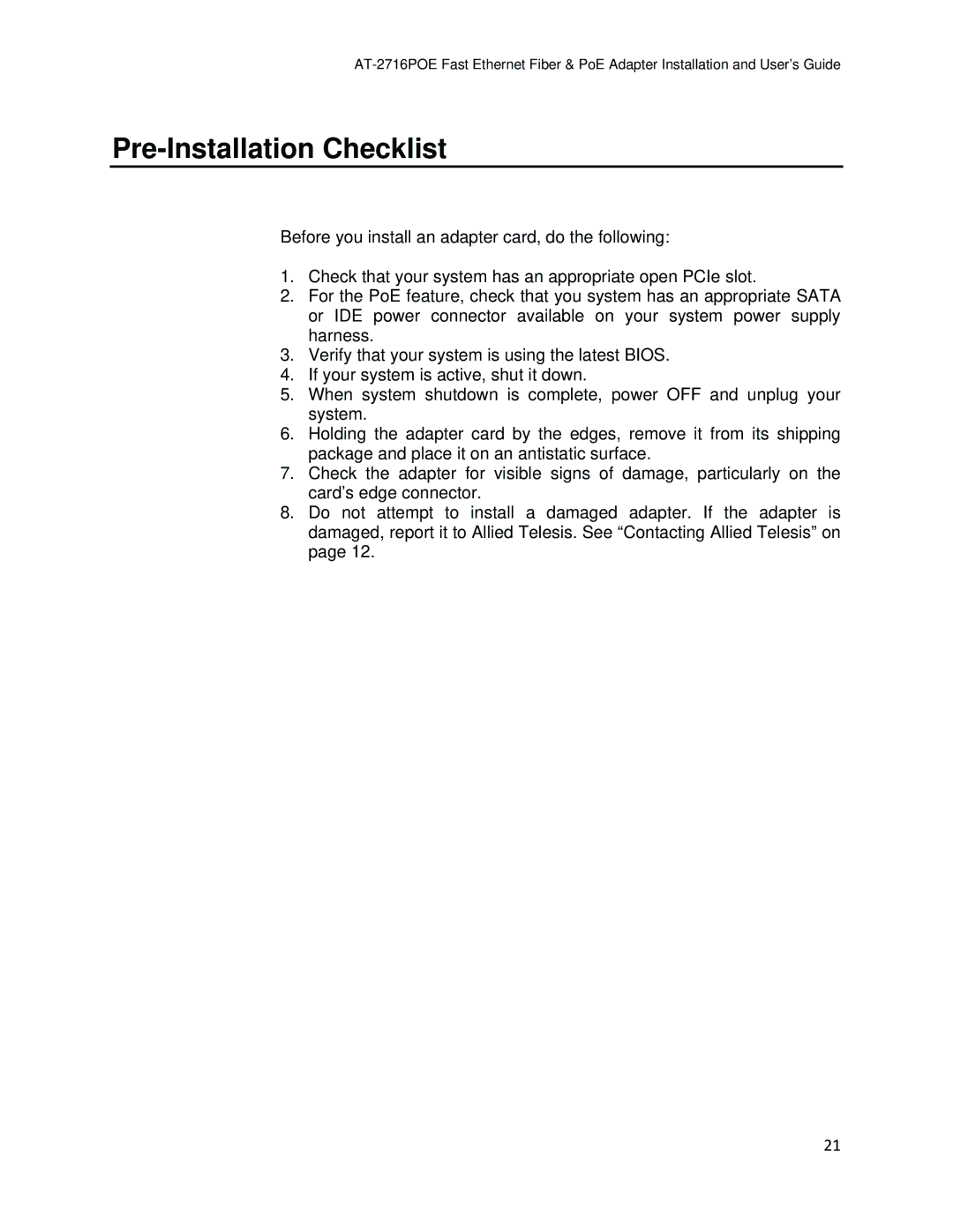 Allied Telesis AT-2716POE manual Pre-Installation Checklist 