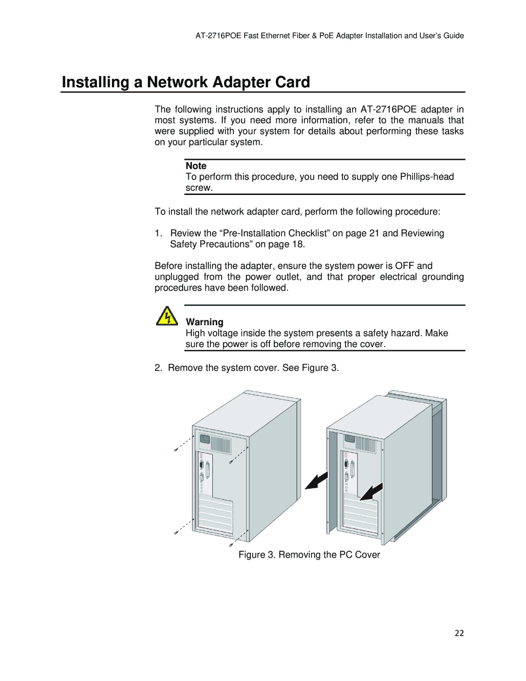 Allied Telesis AT-2716POE manual Installing a Network Adapter Card, Removing the PC Cover 