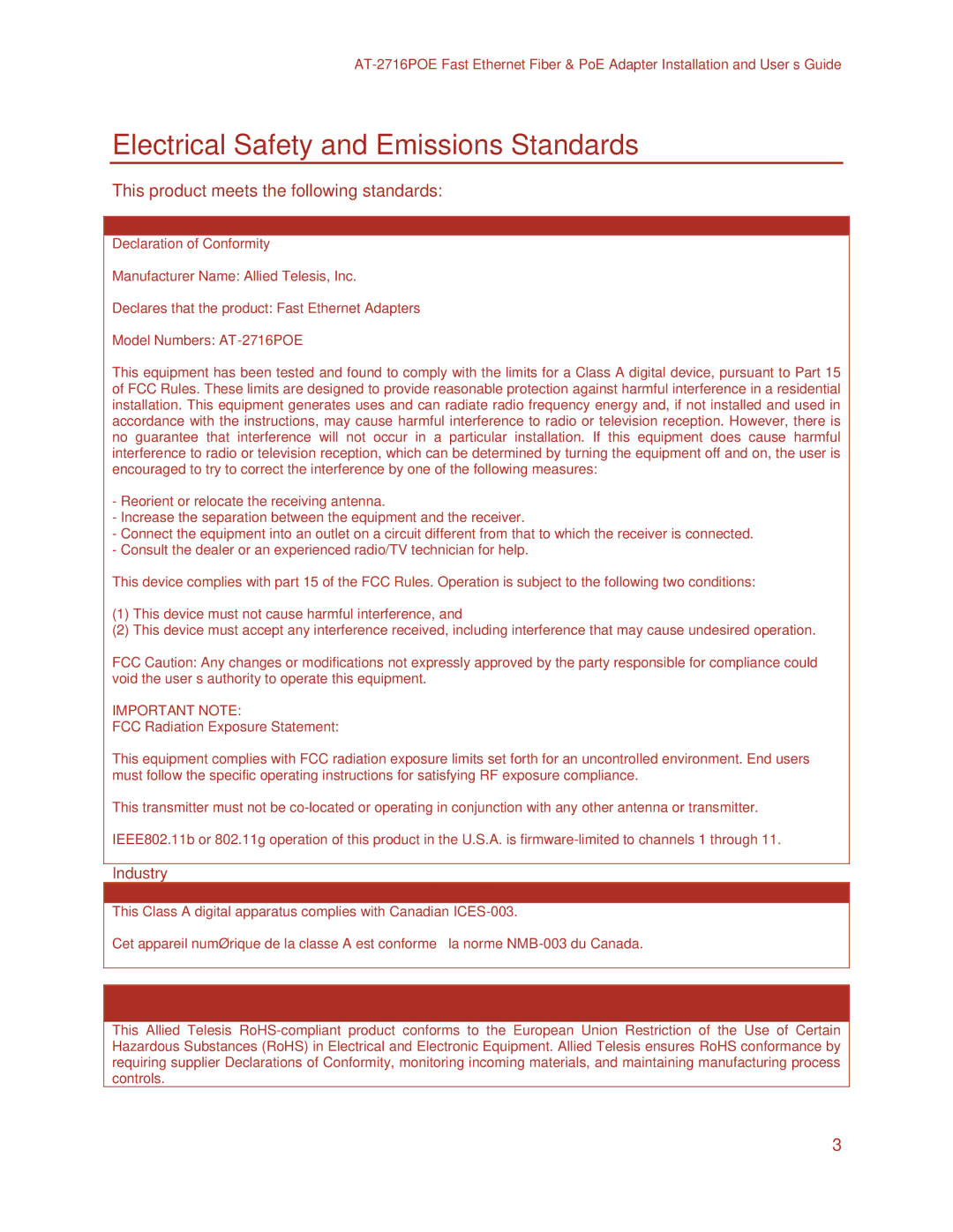 Allied Telesis AT-2716POE manual Electrical Safety and Emissions Standards 