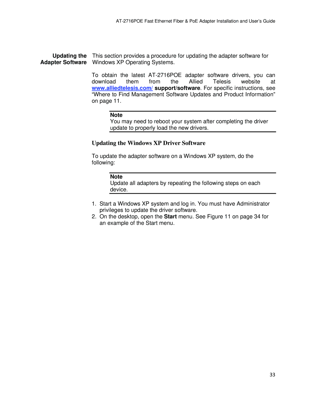 Allied Telesis AT-2716POE manual Updating the Windows XP Driver Software 