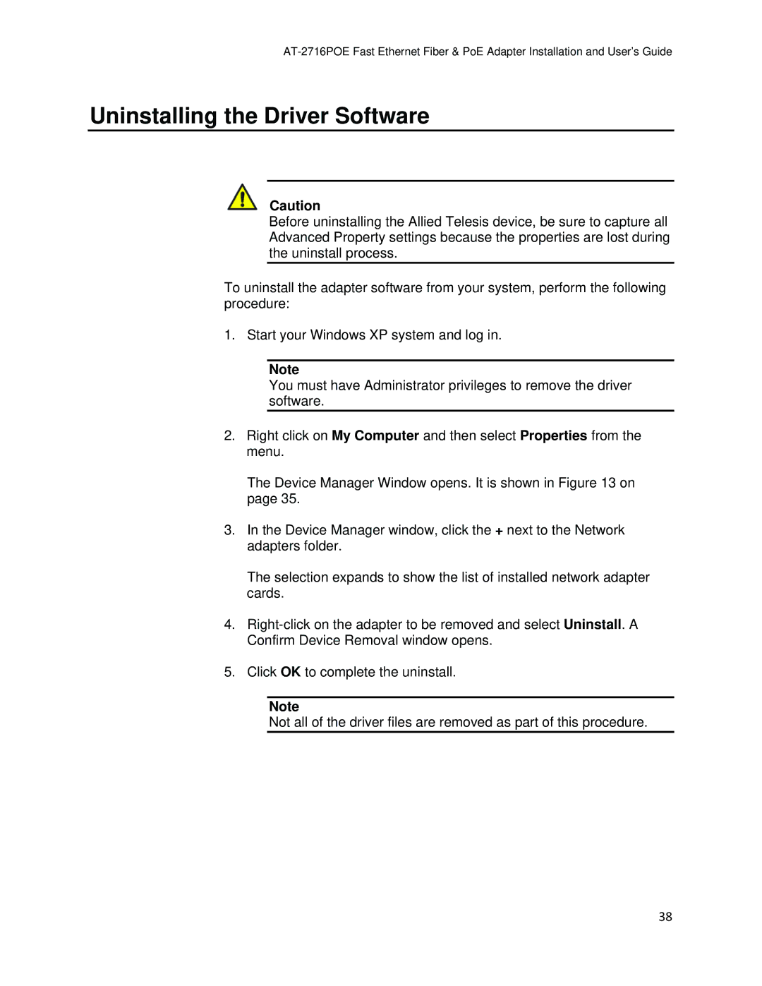 Allied Telesis AT-2716POE manual Uninstalling the Driver Software 