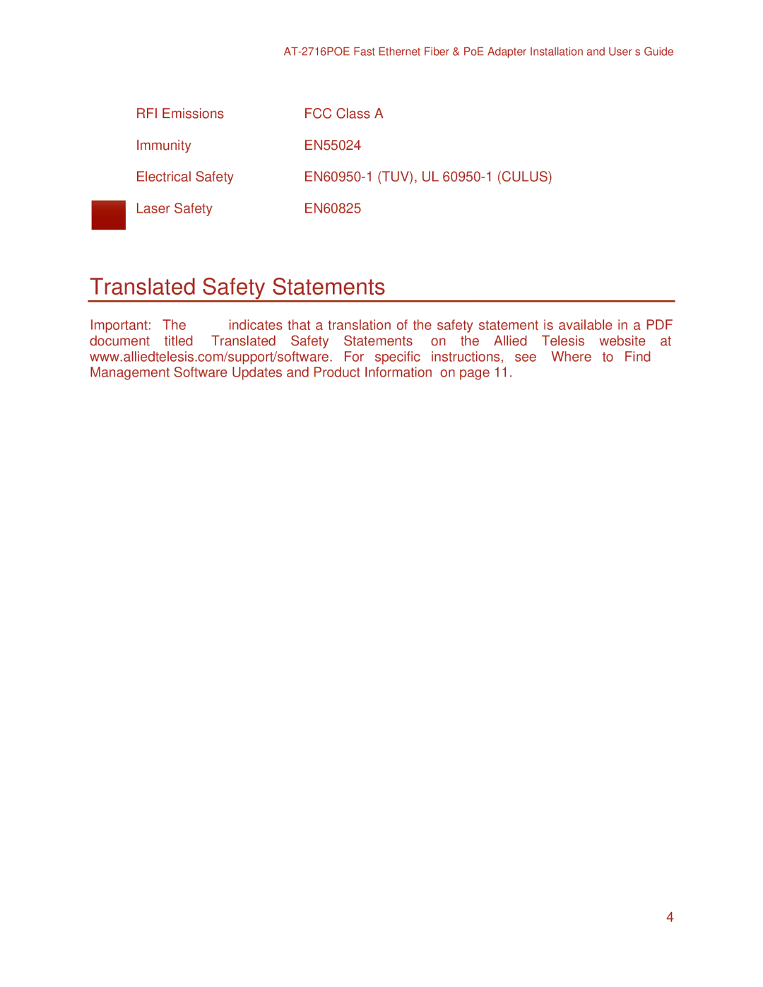 Allied Telesis AT-2716POE manual Translated Safety Statements 