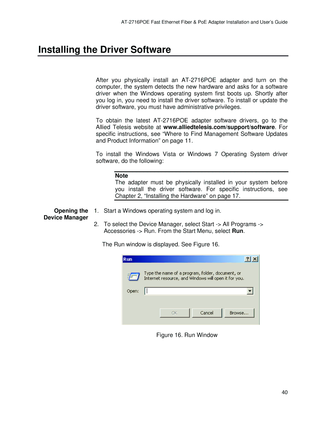 Allied Telesis AT-2716POE manual Installing the Driver Software, Device Manager 