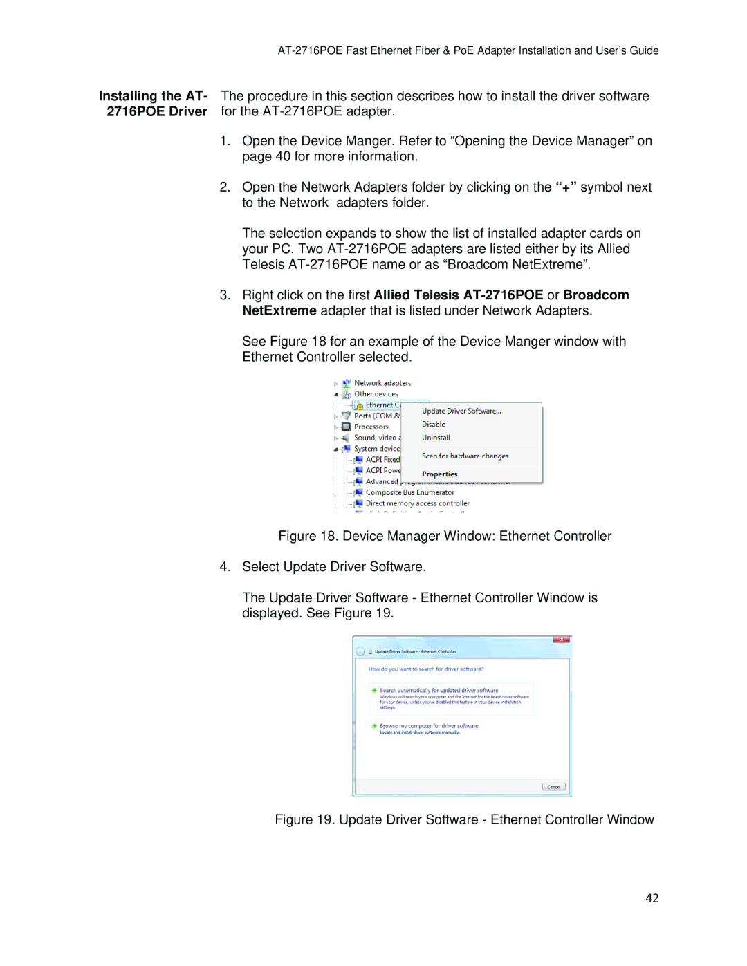 Allied Telesis AT-2716POE manual Update Driver Software Ethernet Controller Window 
