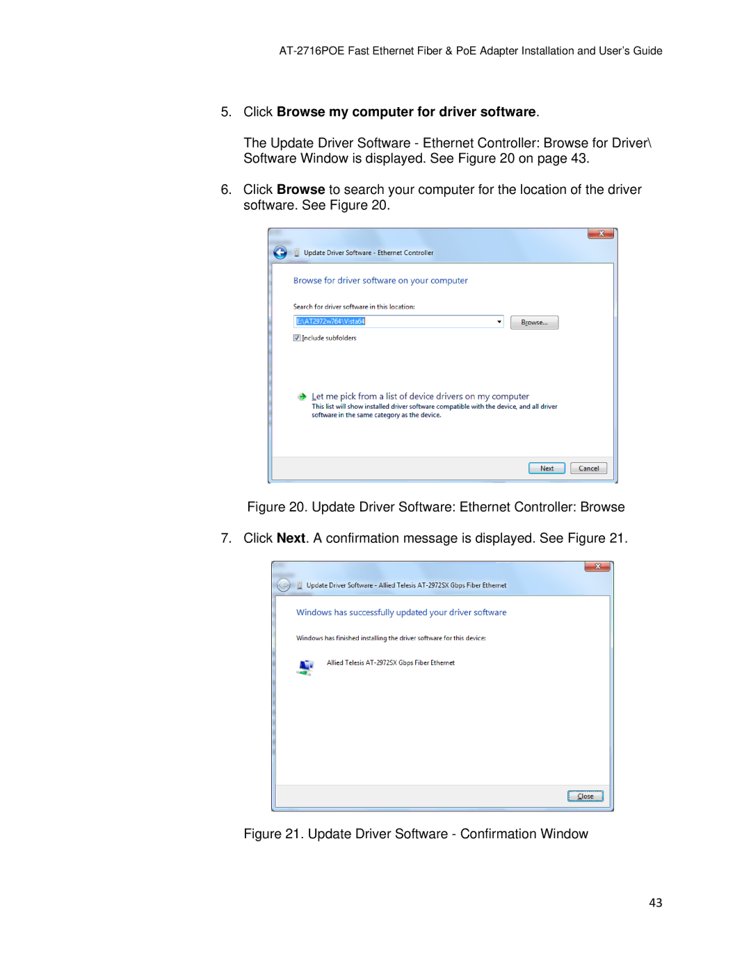 Allied Telesis AT-2716POE manual Click Browse my computer for driver software, Update Driver Software Confirmation Window 