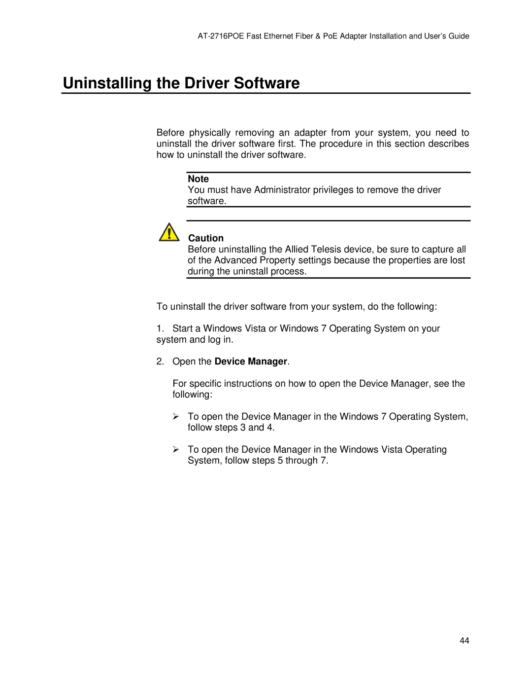 Allied Telesis AT-2716POE manual Uninstalling the Driver Software, Open the Device Manager 