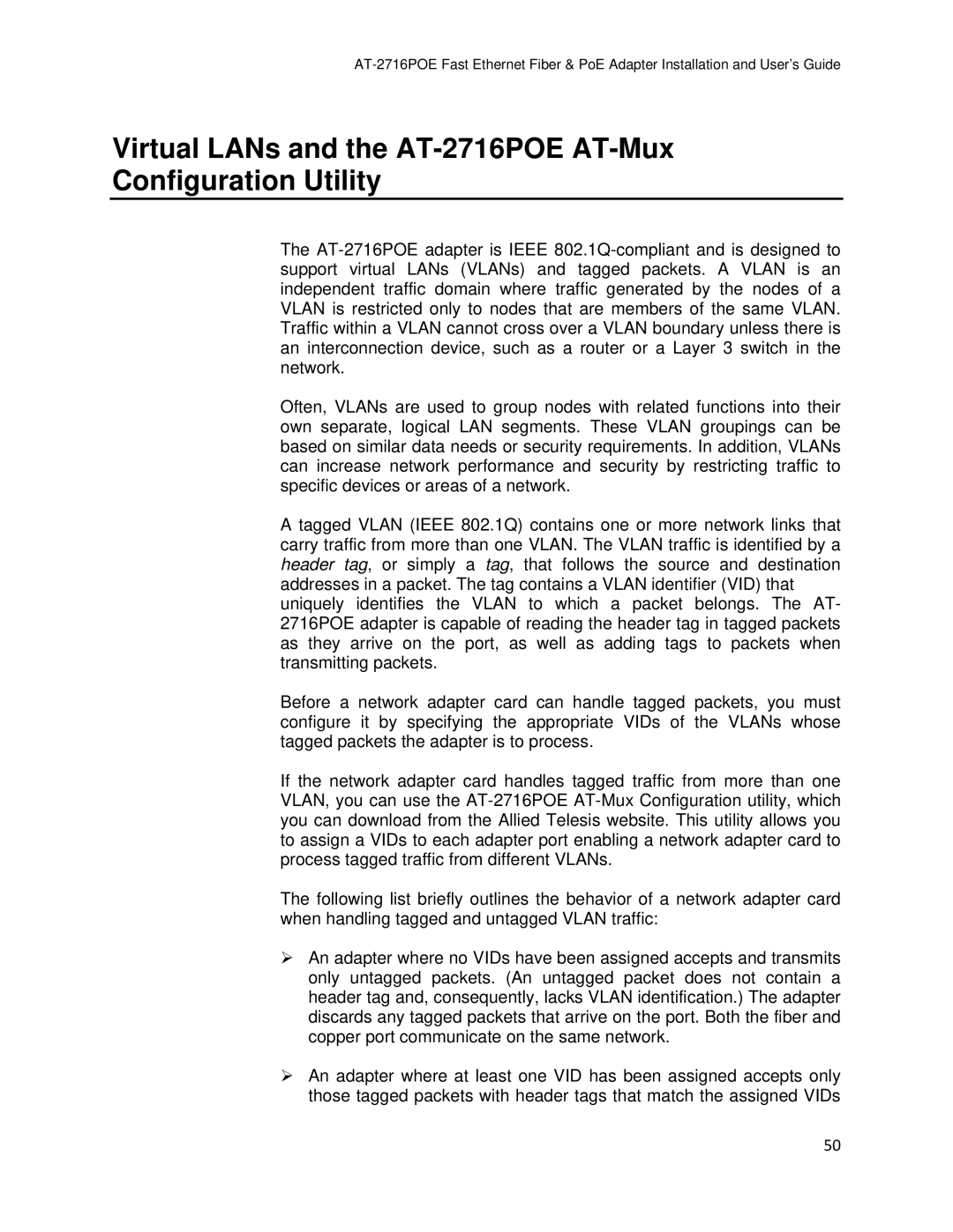 Allied Telesis manual Virtual LANs and the AT-2716POE AT-Mux Configuration Utility 