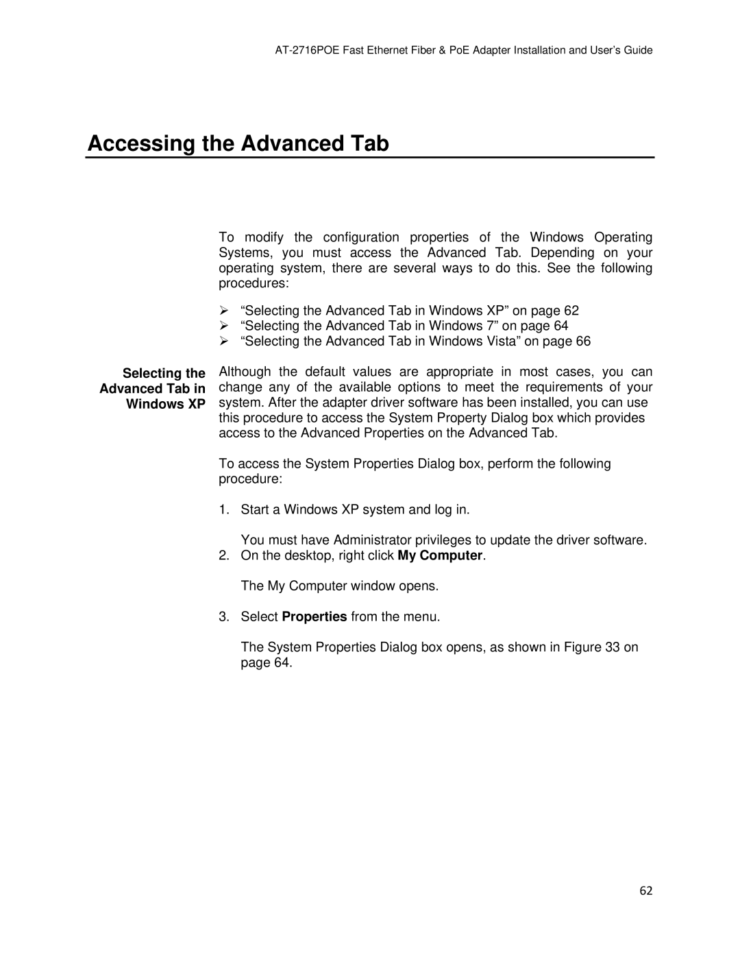 Allied Telesis AT-2716POE manual Accessing the Advanced Tab, Selecting Advanced Tab Windows XP 