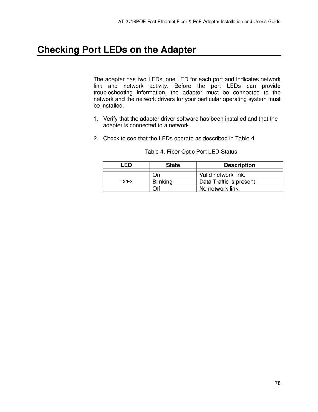 Allied Telesis AT-2716POE manual Checking Port LEDs on the Adapter, State Description 