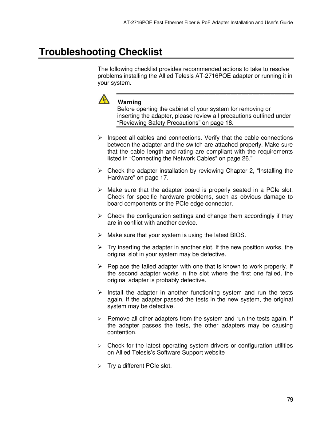 Allied Telesis AT-2716POE manual Troubleshooting Checklist 