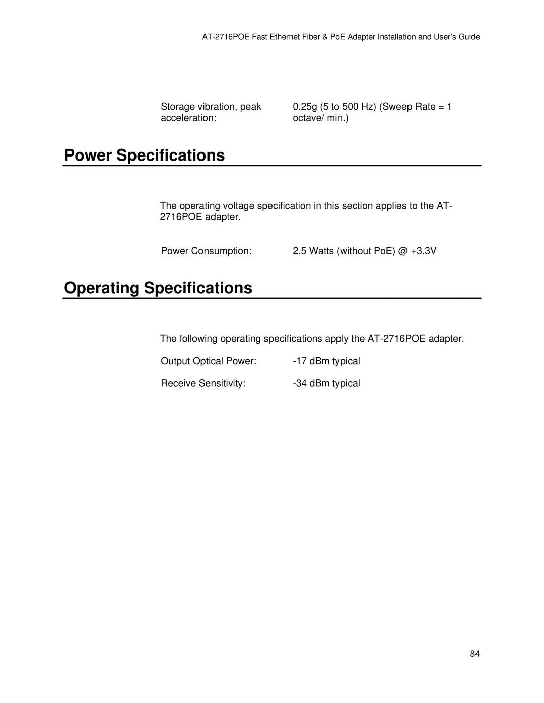 Allied Telesis AT-2716POE manual Power Specifications, Operating Specifications 