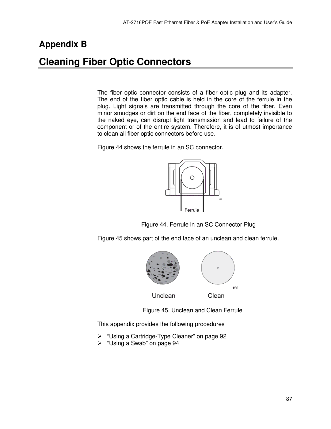 Allied Telesis AT-2716POE manual Cleaning Fiber Optic Connectors, Shows the ferrule in an SC connector 