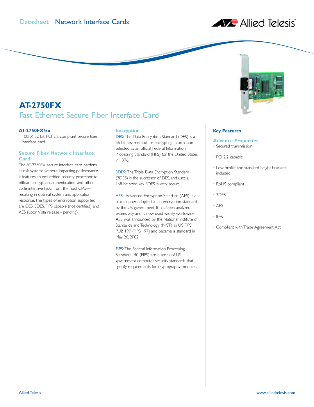 Allied Telesis AT-2750FX manual Fast Ethernet Secure Fiber Interface Card, Secure Fiber Network Interface Card, Encryption 