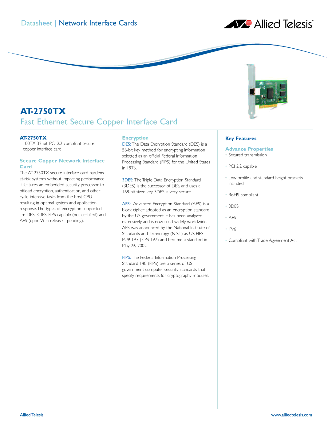 Allied Telesis AT-2750TX manual Fast Ethernet Secure Copper Interface Card, Secure Copper Network Interface Card 