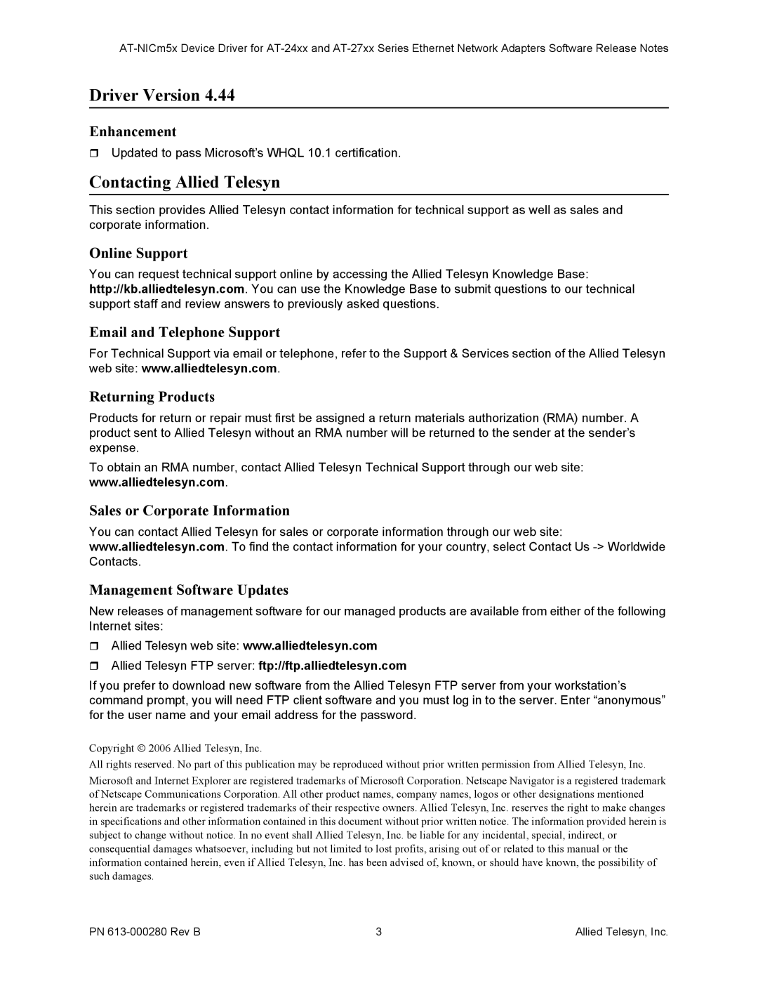 Allied Telesis AT-24xx, AT-27xx installation instructions Contacting Allied Telesyn, Enhancement, Online Support 