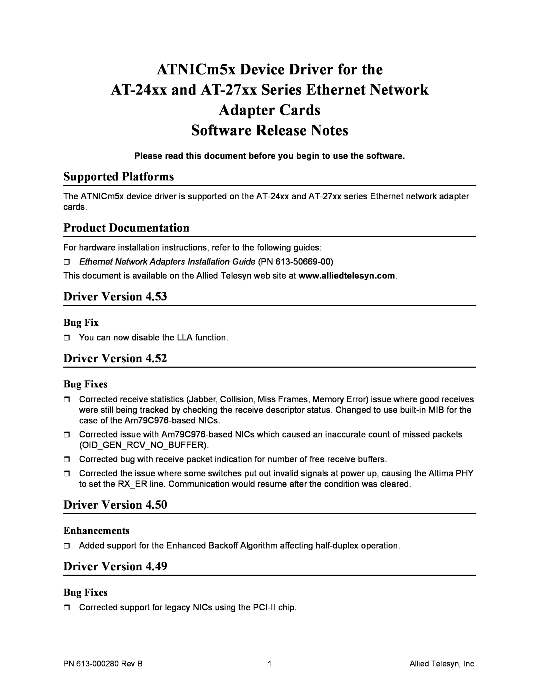 Allied Telesis AT-24xx installation instructions Supported Platforms, Product Documentation, Driver Version, Bug Fix 