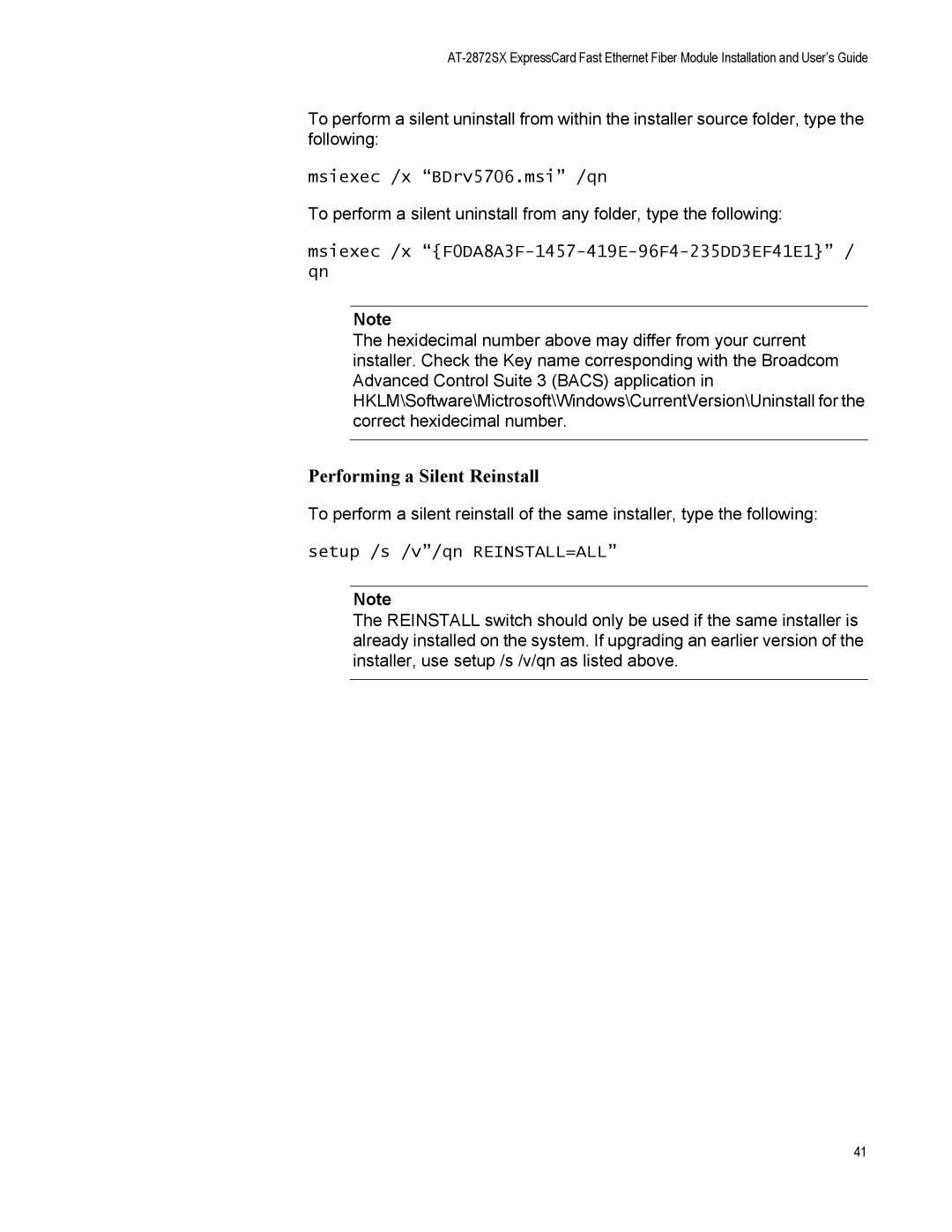 Allied Telesis AT-2872SX manual Performing a Silent Reinstall, Msiexec /x BDrv5706.msi /qn, Setup /s /v/qn REINSTALL=ALL 