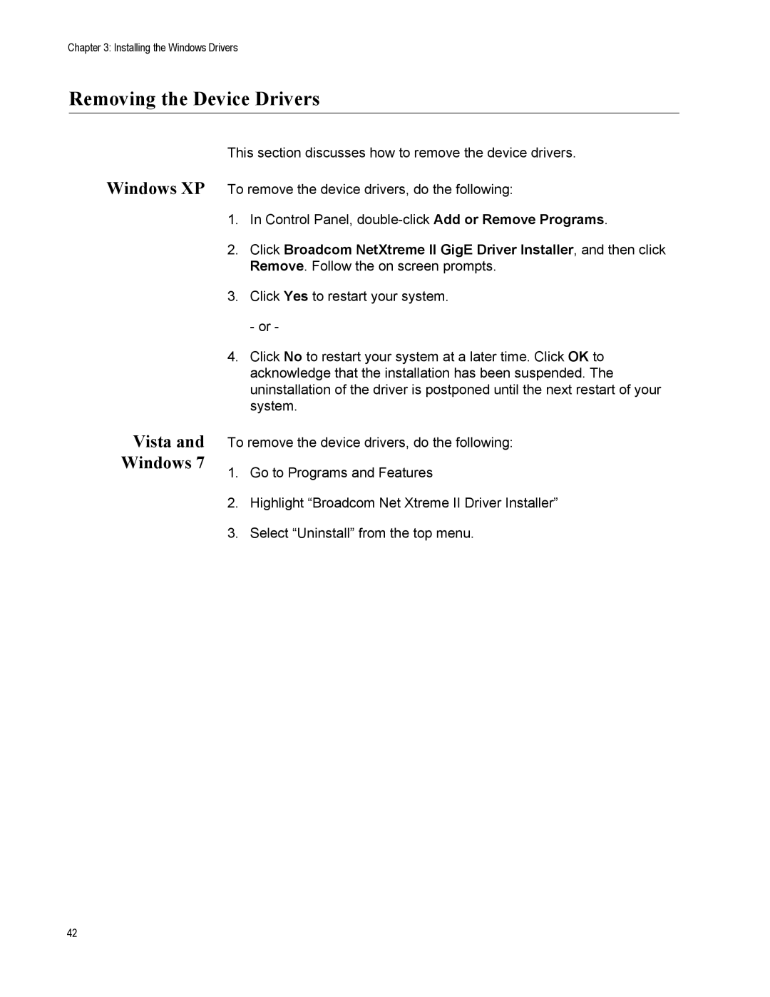 Allied Telesis AT-2872SX manual Removing the Device Drivers, Vista and Windows 