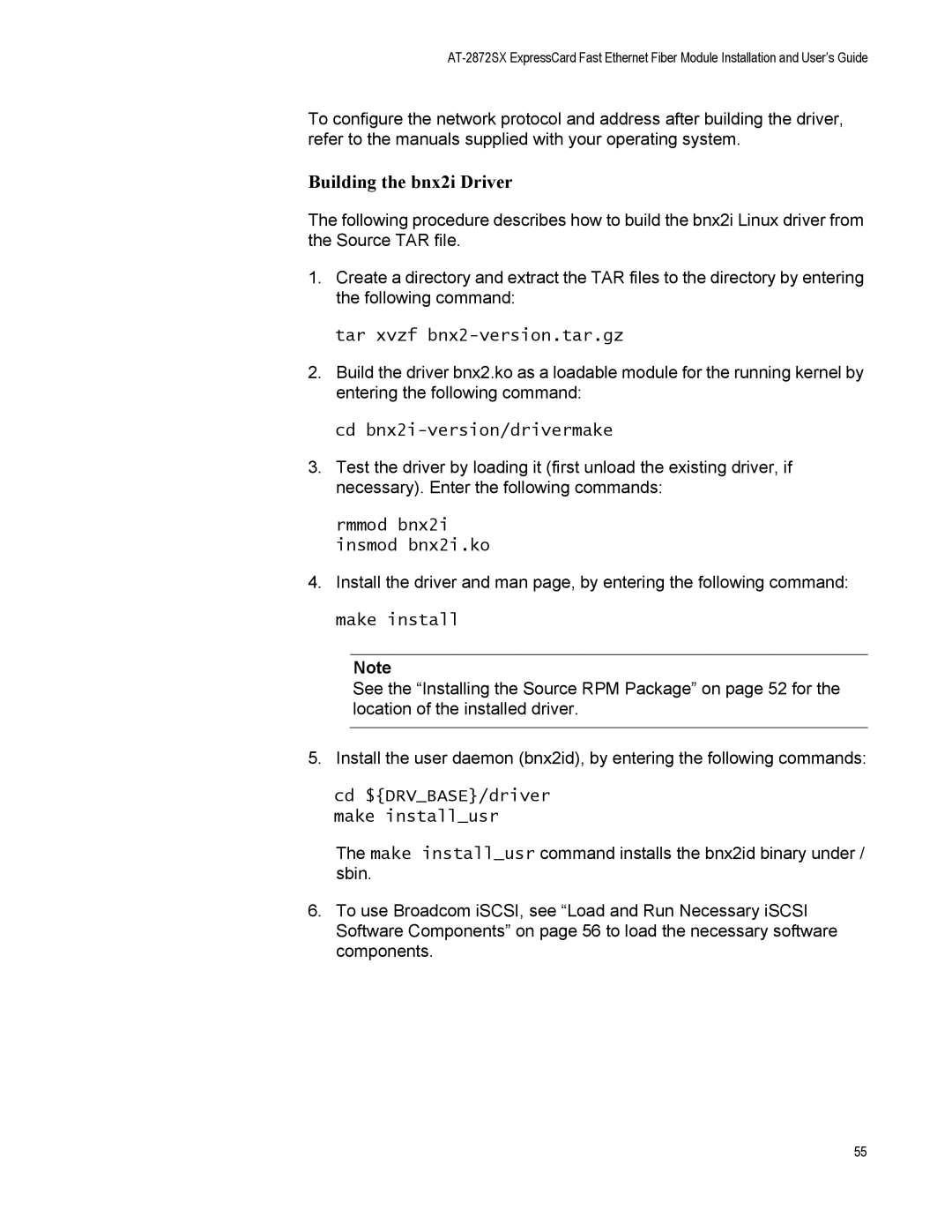 Allied Telesis AT-2872SX manual Building the bnx2i Driver, Tar xvzf bnx2-version.tar.gz, Cd bnx2i-version/drivermake 