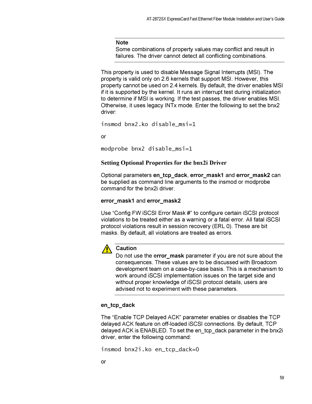 Allied Telesis AT-2872SX manual Setting Optional Properties for the bnx2i Driver, Insmod bnx2i.ko entcpdack=0 