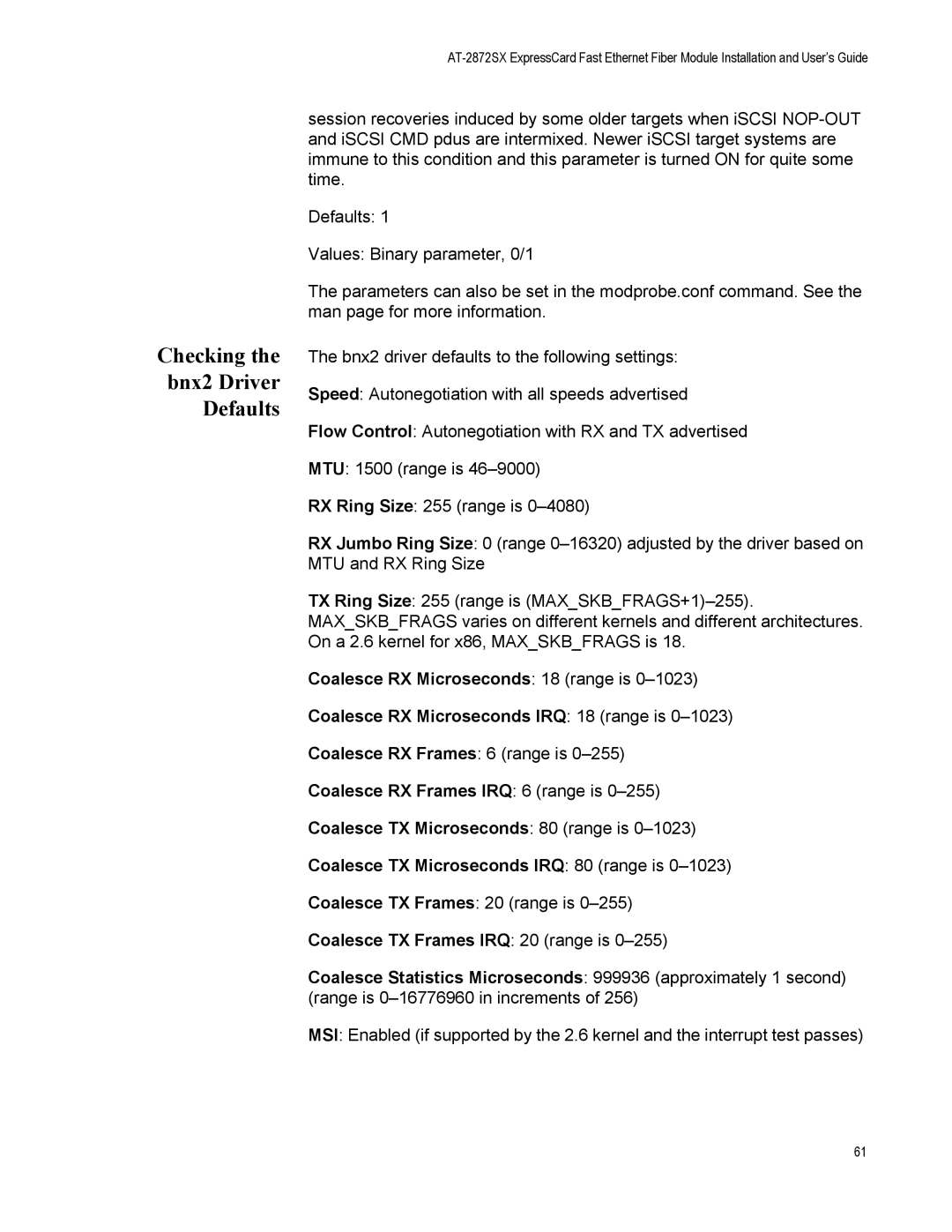 Allied Telesis AT-2872SX manual Checking Bnx2 Driver Defaults 