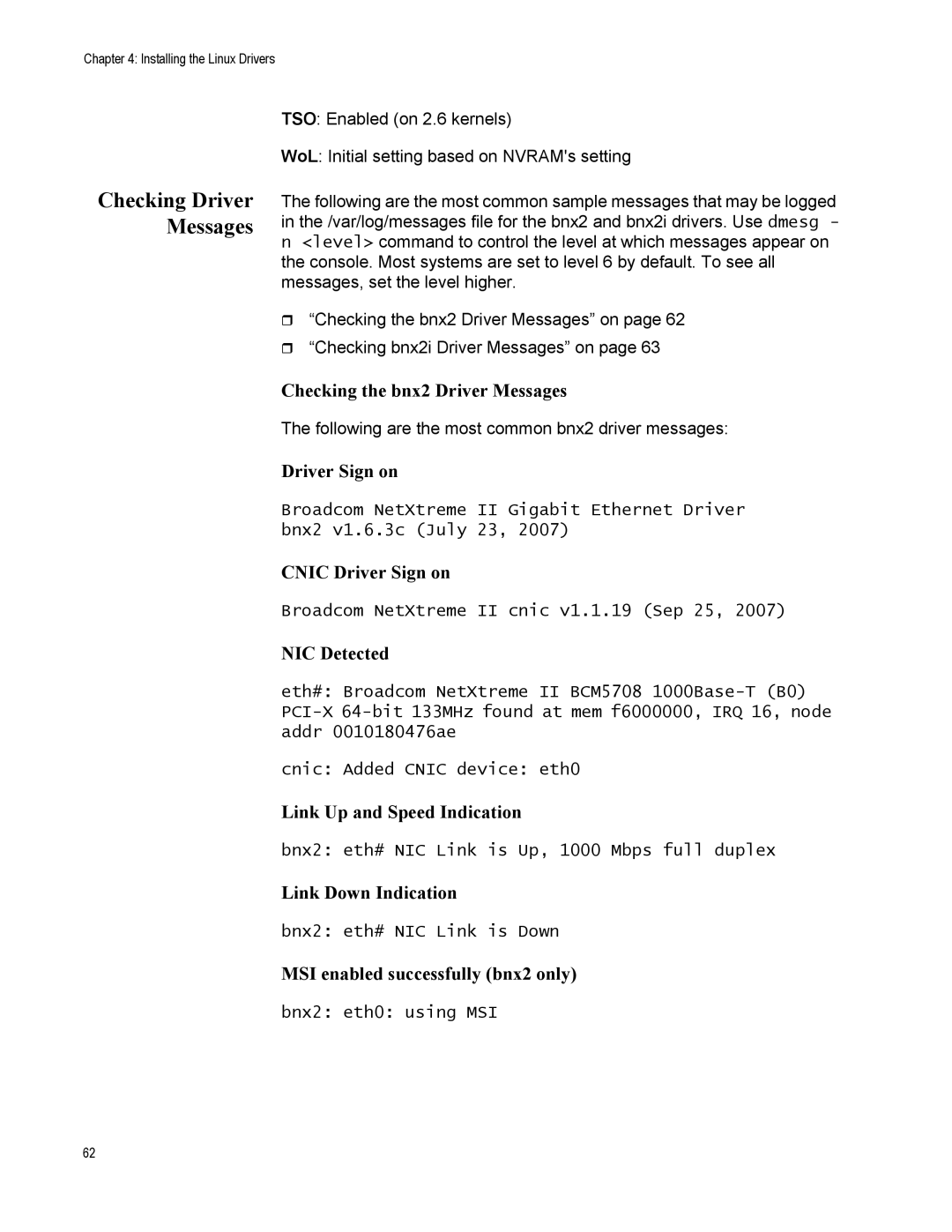 Allied Telesis AT-2872SX Checking the bnx2 Driver Messages, Cnic Driver Sign on, NIC Detected, Link Down Indication 