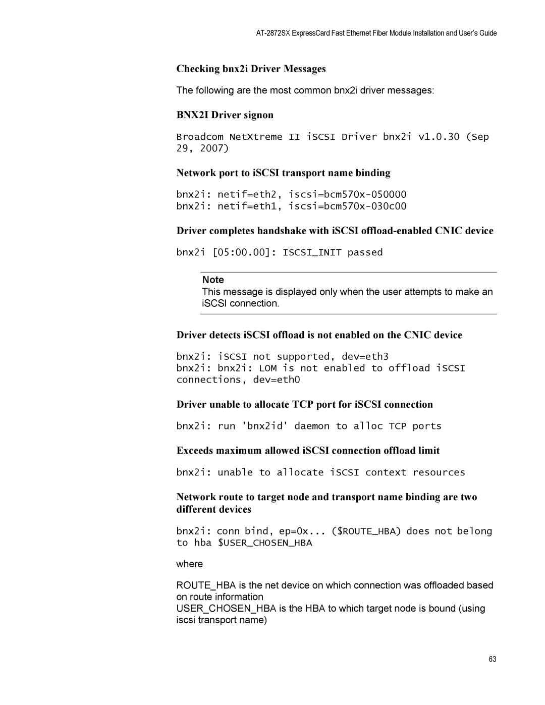 Allied Telesis AT-2872SX Checking bnx2i Driver Messages, BNX2I Driver signon, Network port to iSCSI transport name binding 