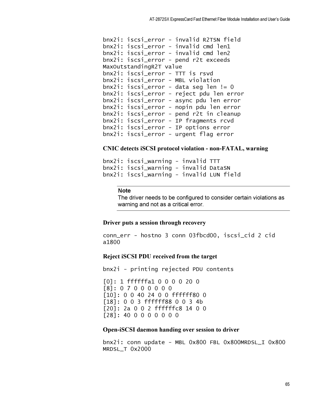 Allied Telesis AT-2872SX Cnic detects iSCSI protocol violation non-FATAL, warning, Driver puts a session through recovery 