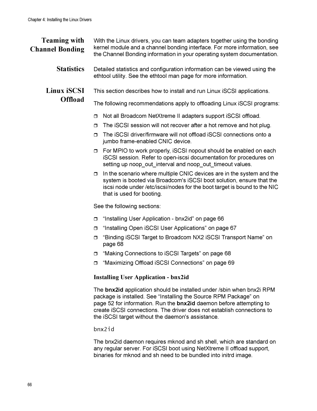 Allied Telesis AT-2872SX Teaming with Channel Bonding Statistics Linux iSCSI Offload, Installing User Application bnx2id 