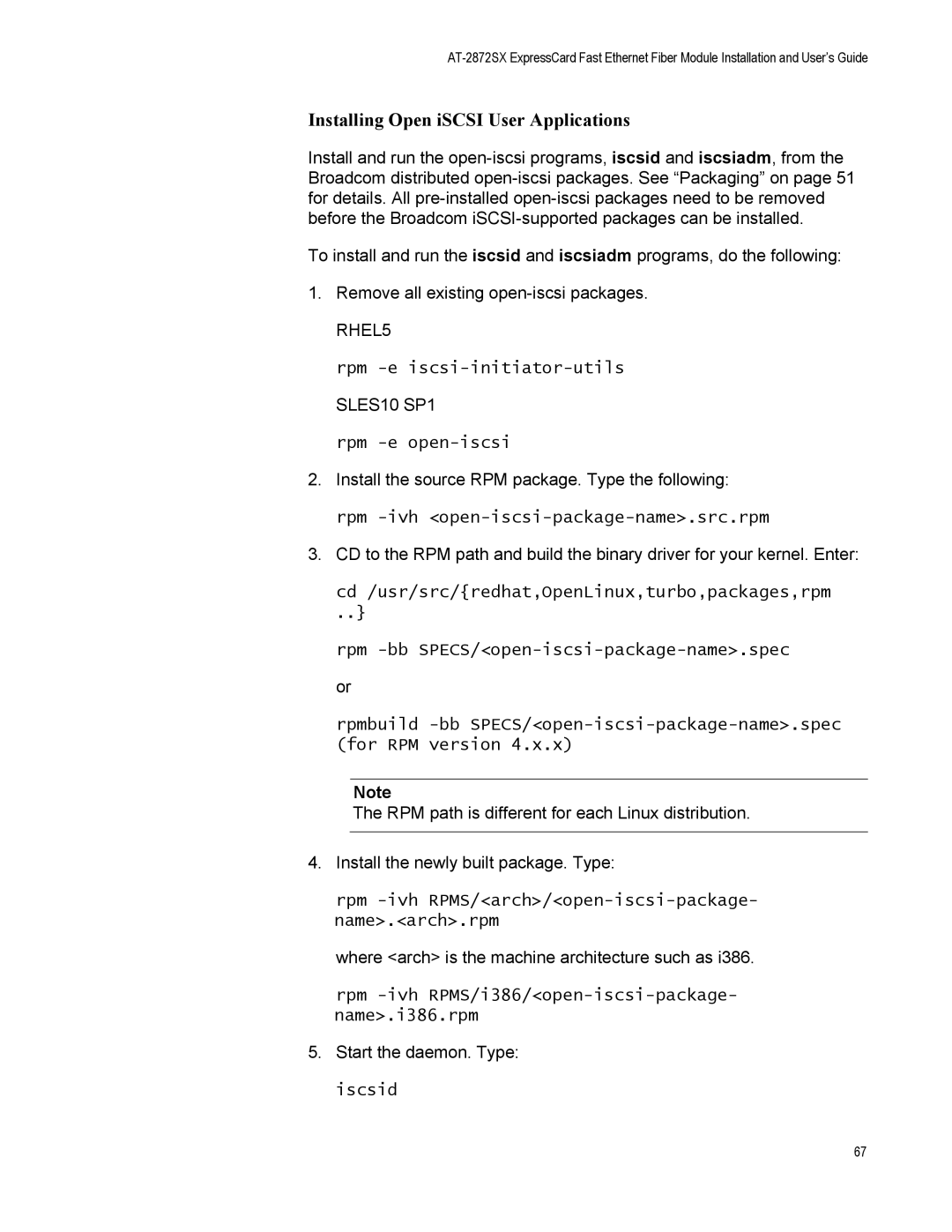 Allied Telesis AT-2872SX manual Installing Open iSCSI User Applications, Rpm -e iscsi-initiator-utils, Rpm -e open-iscsi 