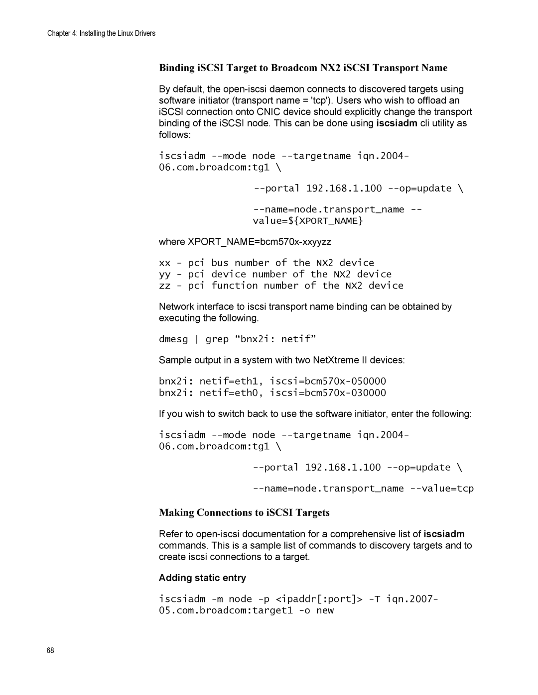 Allied Telesis AT-2872SX Binding iSCSI Target to Broadcom NX2 iSCSI Transport Name, Making Connections to iSCSI Targets 