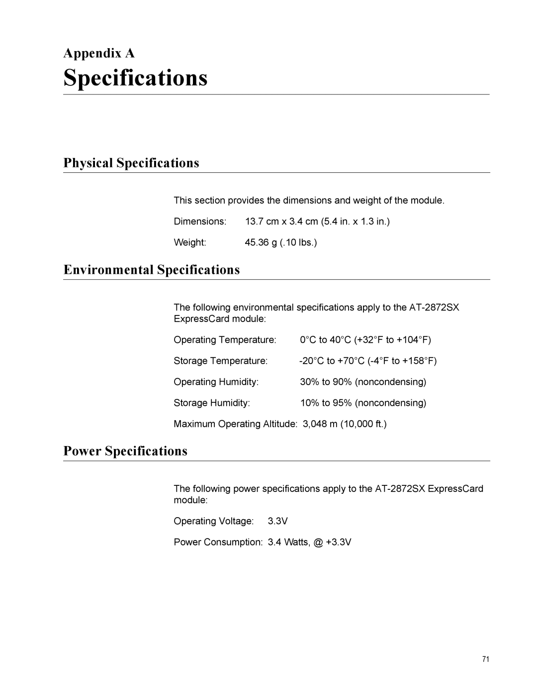 Allied Telesis AT-2872SX manual Appendix a, Physical Specifications, Environmental Specifications, Power Specifications 