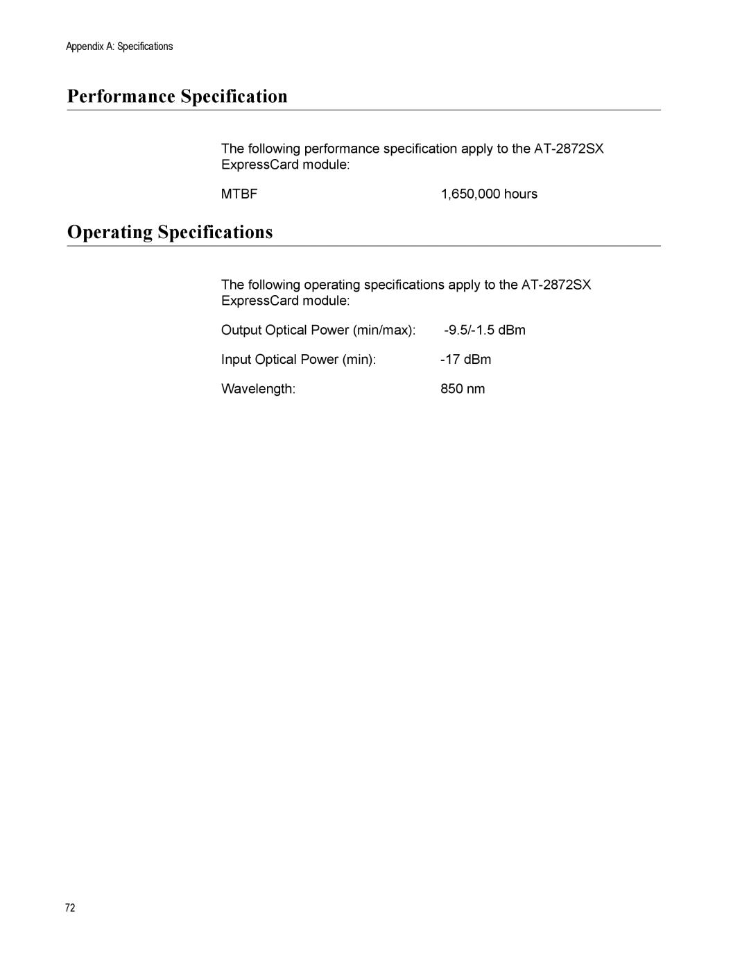 Allied Telesis AT-2872SX manual Performance Specification, Operating Specifications 