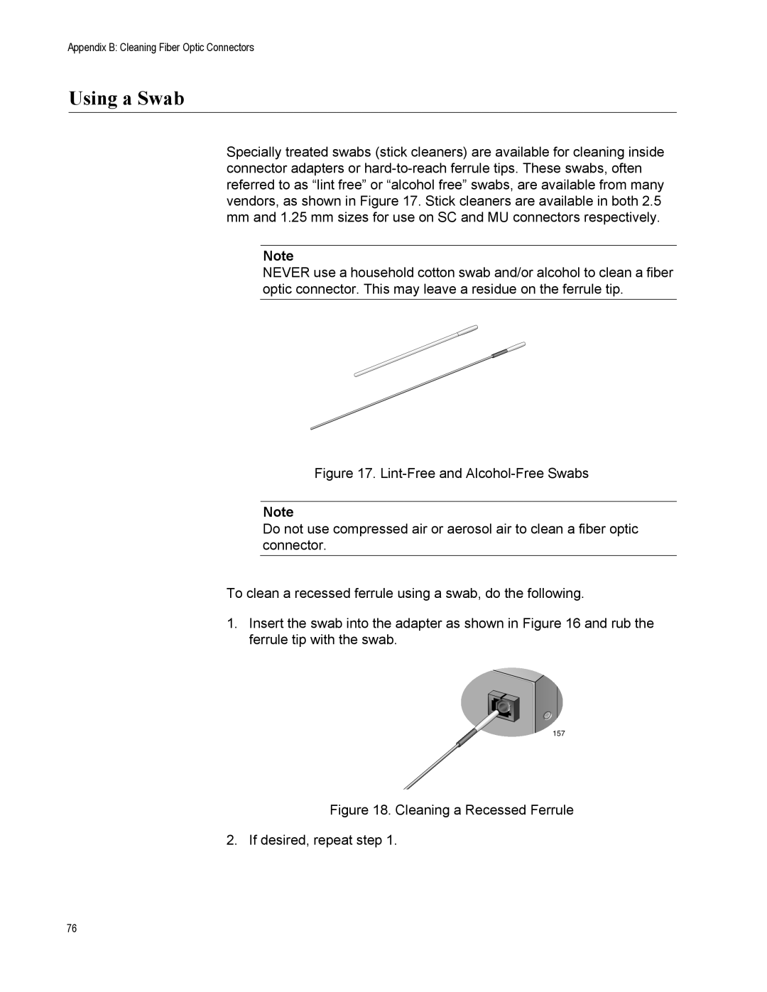 Allied Telesis AT-2872SX manual Using a Swab, Cleaning a Recessed Ferrule If desired, repeat step 