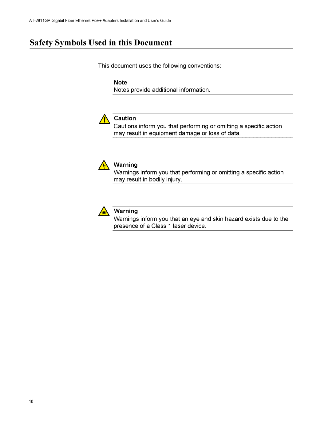 Allied Telesis AT-2911GP/SXLC, AT-2911GP/LXLC, AT-2911GP/SXSC, AT-2911GP/LXSC manual Safety Symbols Used in this Document 