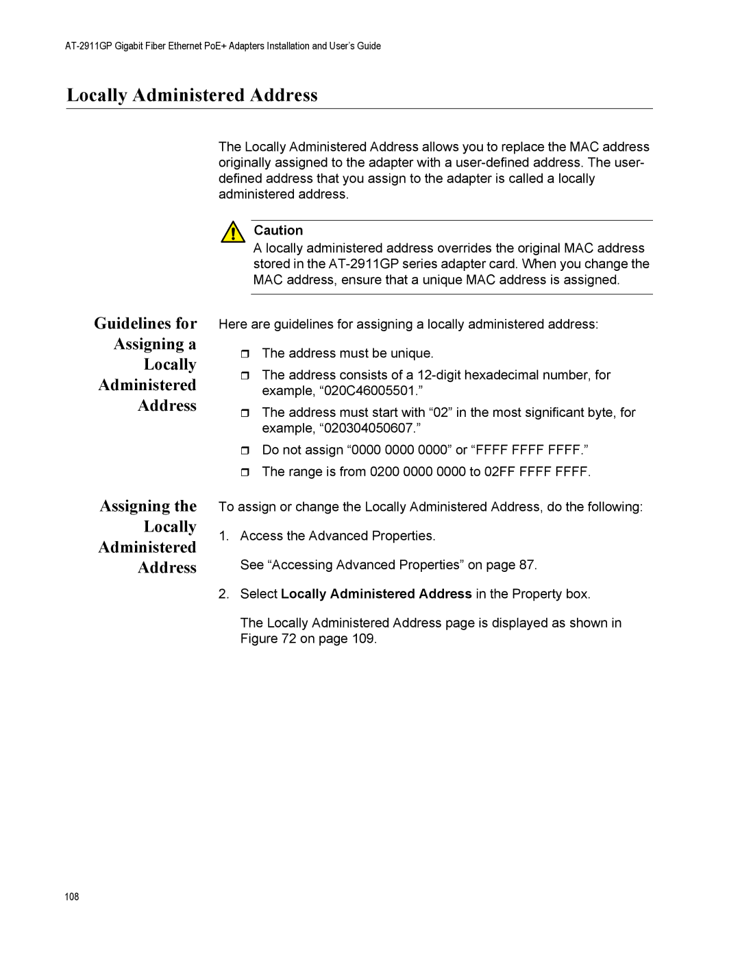 Allied Telesis AT-2911GP/LXLC, AT-2911GP/SXSC, AT-2911GP/SXLC Select Locally Administered Address in the Property box 