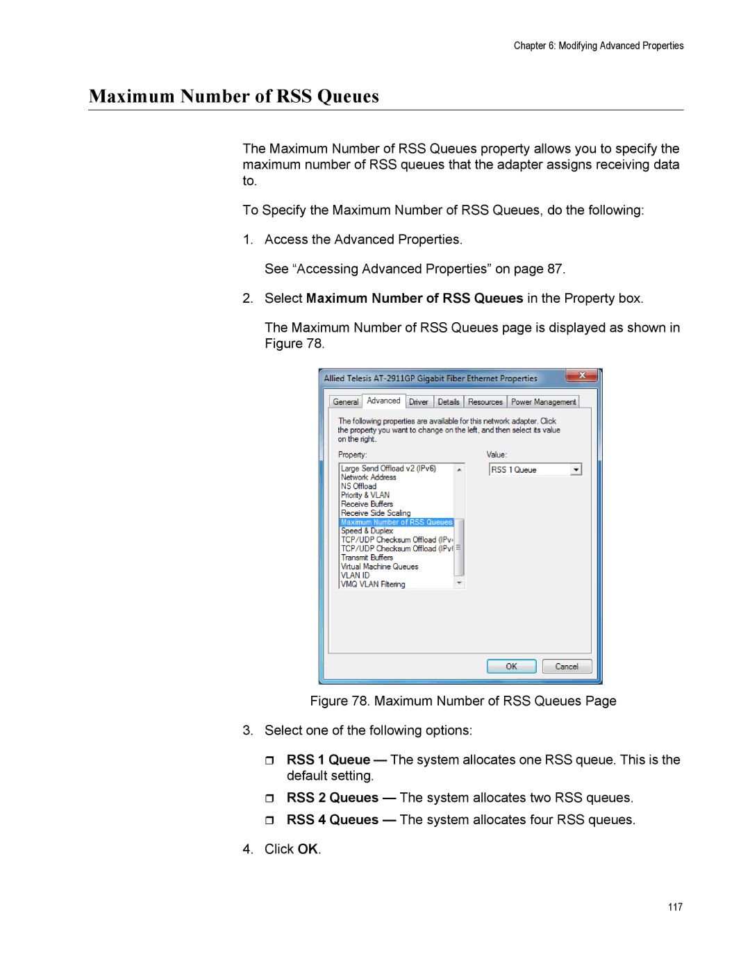 Allied Telesis AT-2911GP/SXSC, AT-2911GP/LXLC, AT-2911GP/SXLC Select Maximum Number of RSS Queues in the Property box 