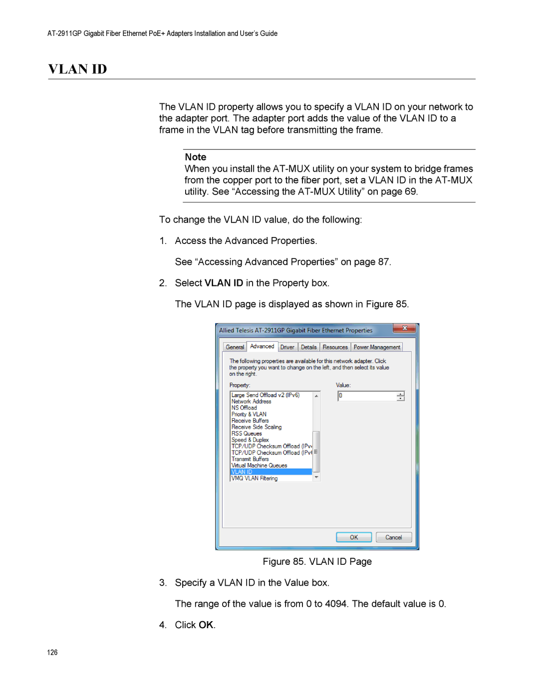 Allied Telesis AT-2911GP/SXLC, AT-2911GP/LXLC, AT-2911GP/SXSC, AT-2911GP/LXSC manual Vlan ID 