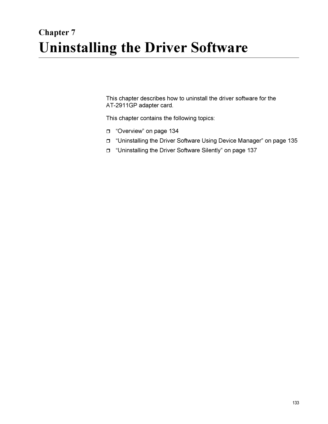 Allied Telesis AT-2911GP/SXSC, AT-2911GP/LXLC, AT-2911GP/SXLC, AT-2911GP/LXSC manual Uninstalling the Driver Software, Chapter 