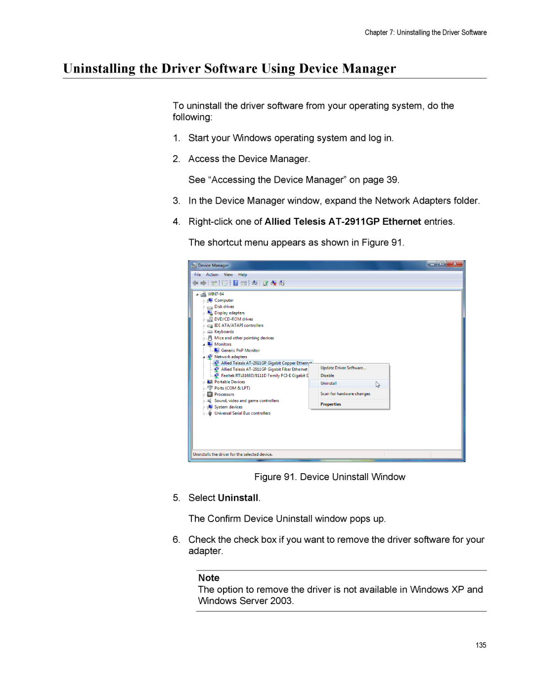 Allied Telesis AT-2911GP/LXSC, AT-2911GP/LXLC manual Uninstalling the Driver Software Using Device Manager, Select Uninstall 