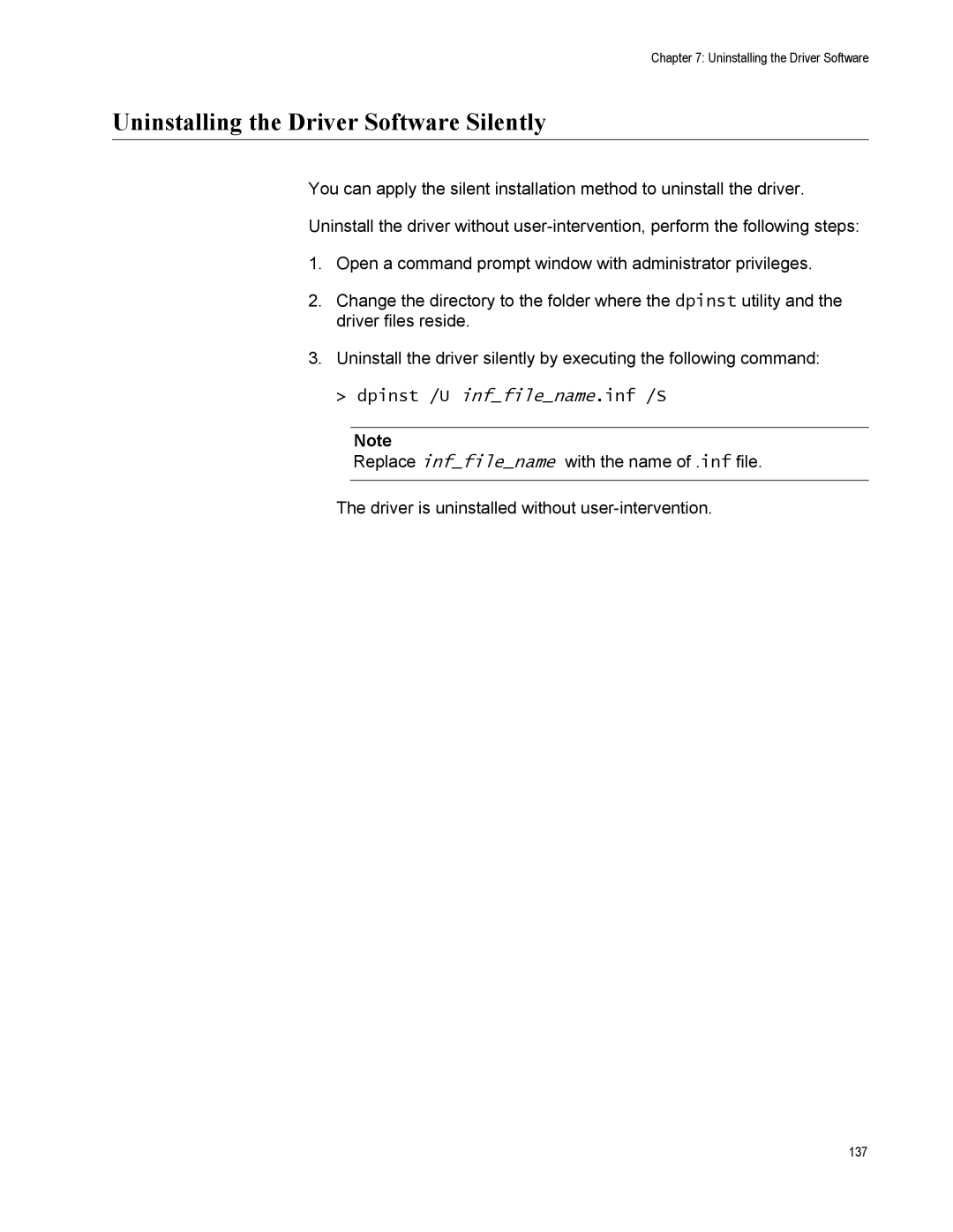 Allied Telesis AT-2911GP/SXSC, AT-2911GP/LXLC manual Uninstalling the Driver Software Silently, Dpinst /U inffilename.inf /S 