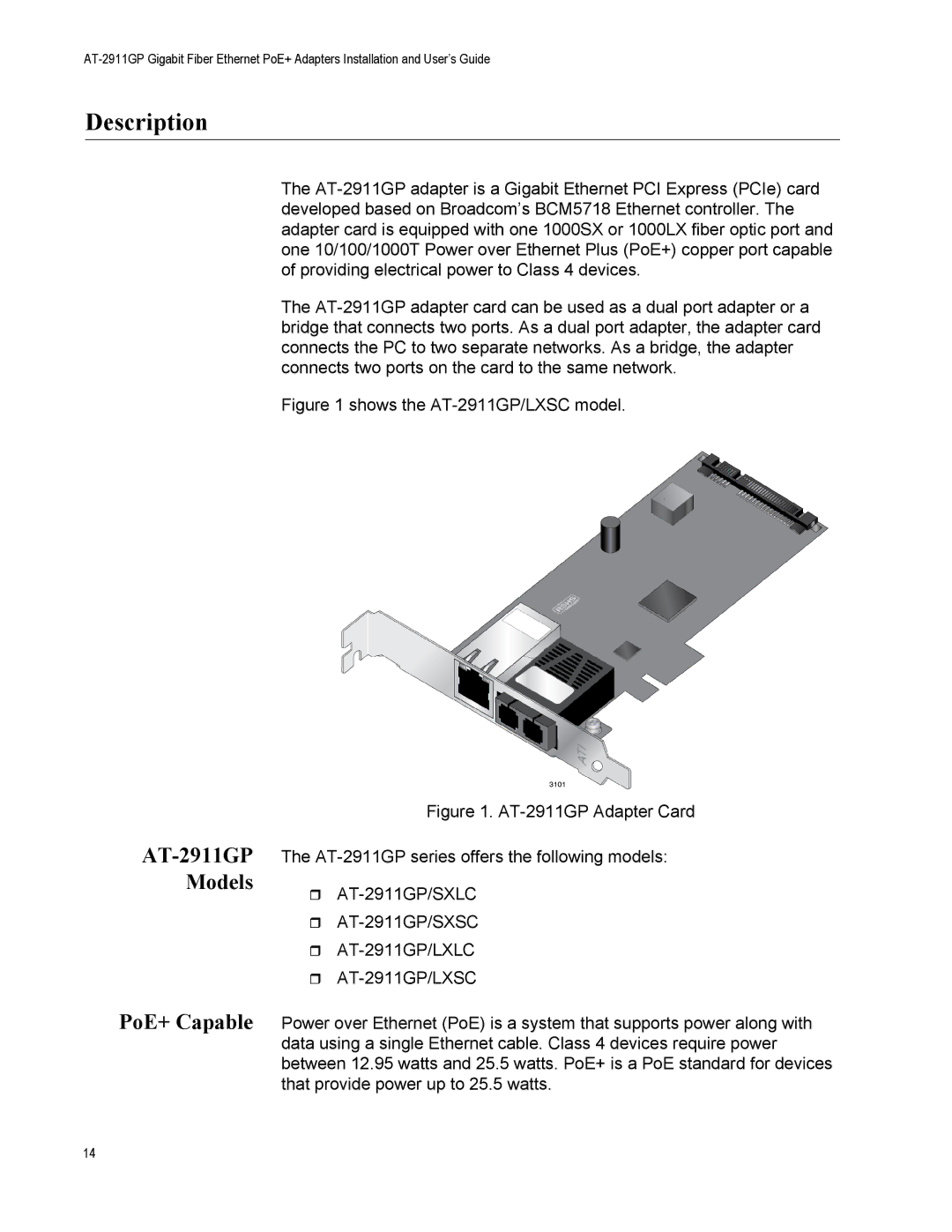 Allied Telesis AT-2911GP/SXLC, AT-2911GP/LXLC, AT-2911GP/SXSC, AT-2911GP/LXSC manual Description, PoE+ Capable 