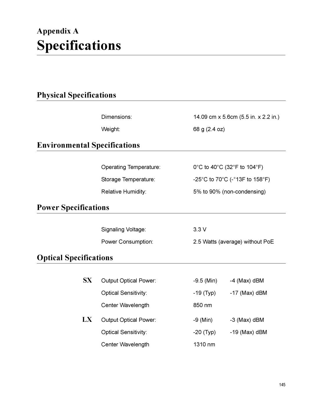 Allied Telesis AT-2911GP/SXSC, AT-2911GP/LXLC, AT-2911GP/SXLC, AT-2911GP/LXSC manual Specifications 