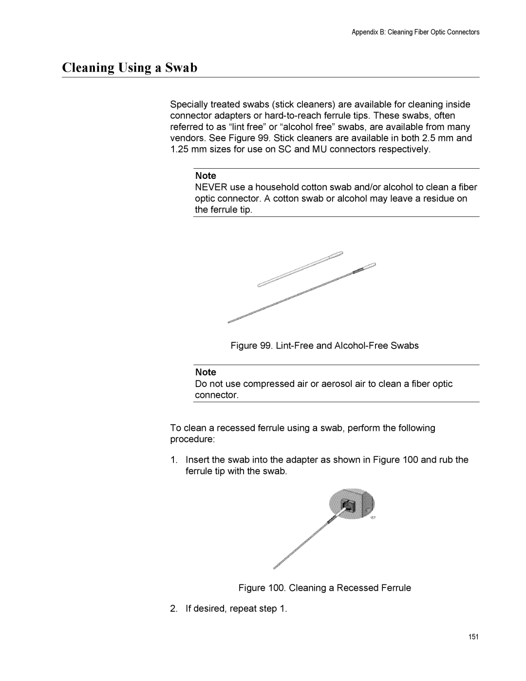 Allied Telesis AT-2911GP/LXSC, AT-2911GP/LXLC Cleaning Using a Swab, Cleaning a Recessed Ferrule If desired, repeat step 