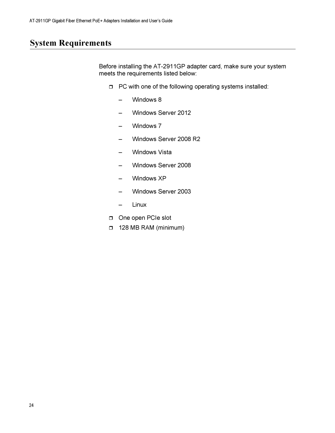 Allied Telesis AT-2911GP/LXLC, AT-2911GP/SXSC, AT-2911GP/SXLC, AT-2911GP/LXSC manual System Requirements 