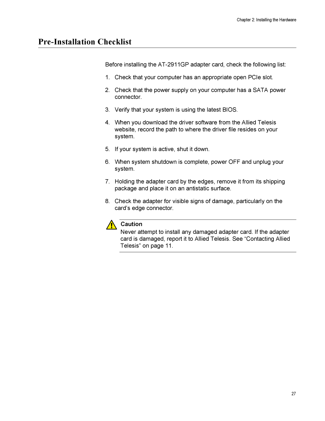 Allied Telesis AT-2911GP/LXSC, AT-2911GP/LXLC, AT-2911GP/SXSC, AT-2911GP/SXLC manual Pre-Installation Checklist 