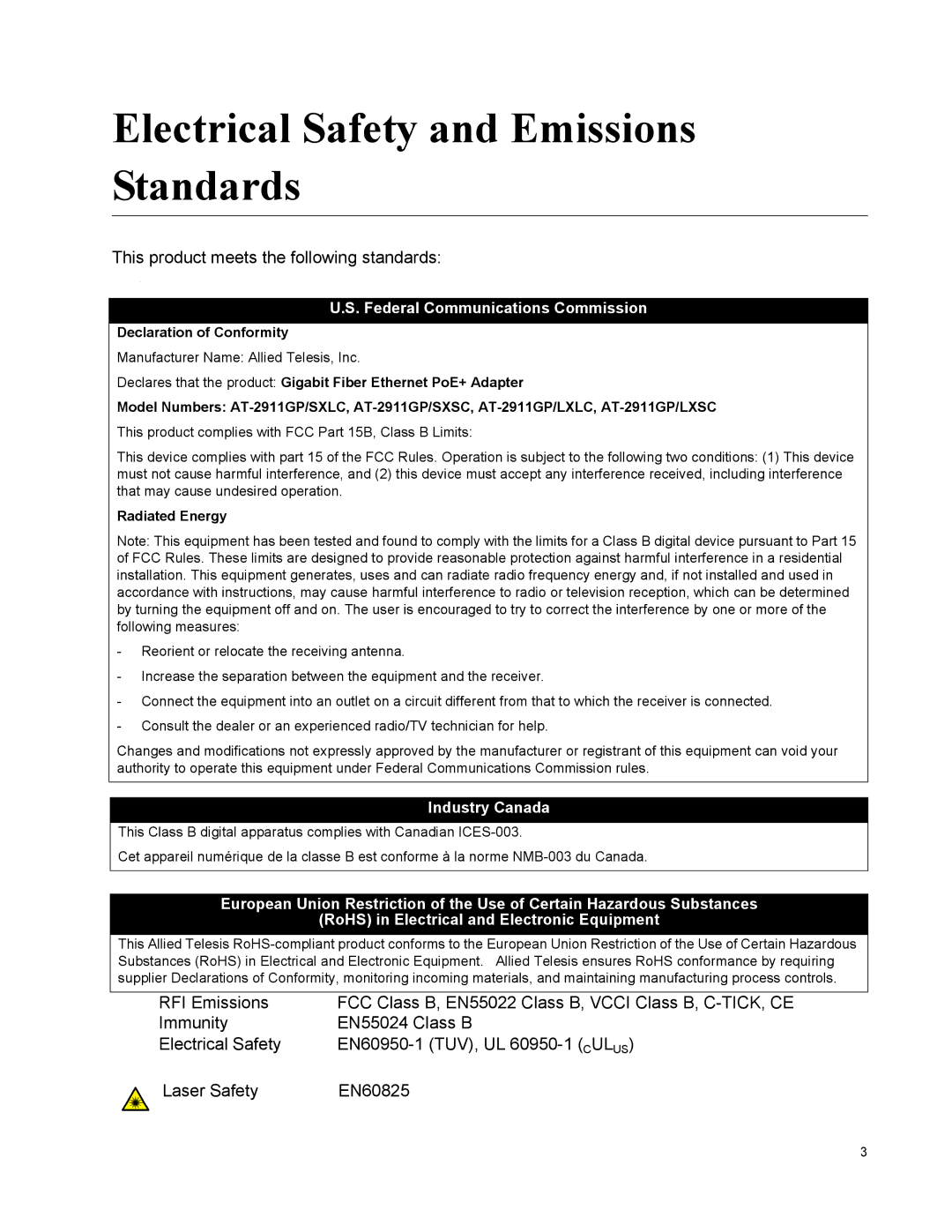 Allied Telesis AT-2911GP/LXSC manual Electrical Safety and Emissions Standards, This product meets the following standards 