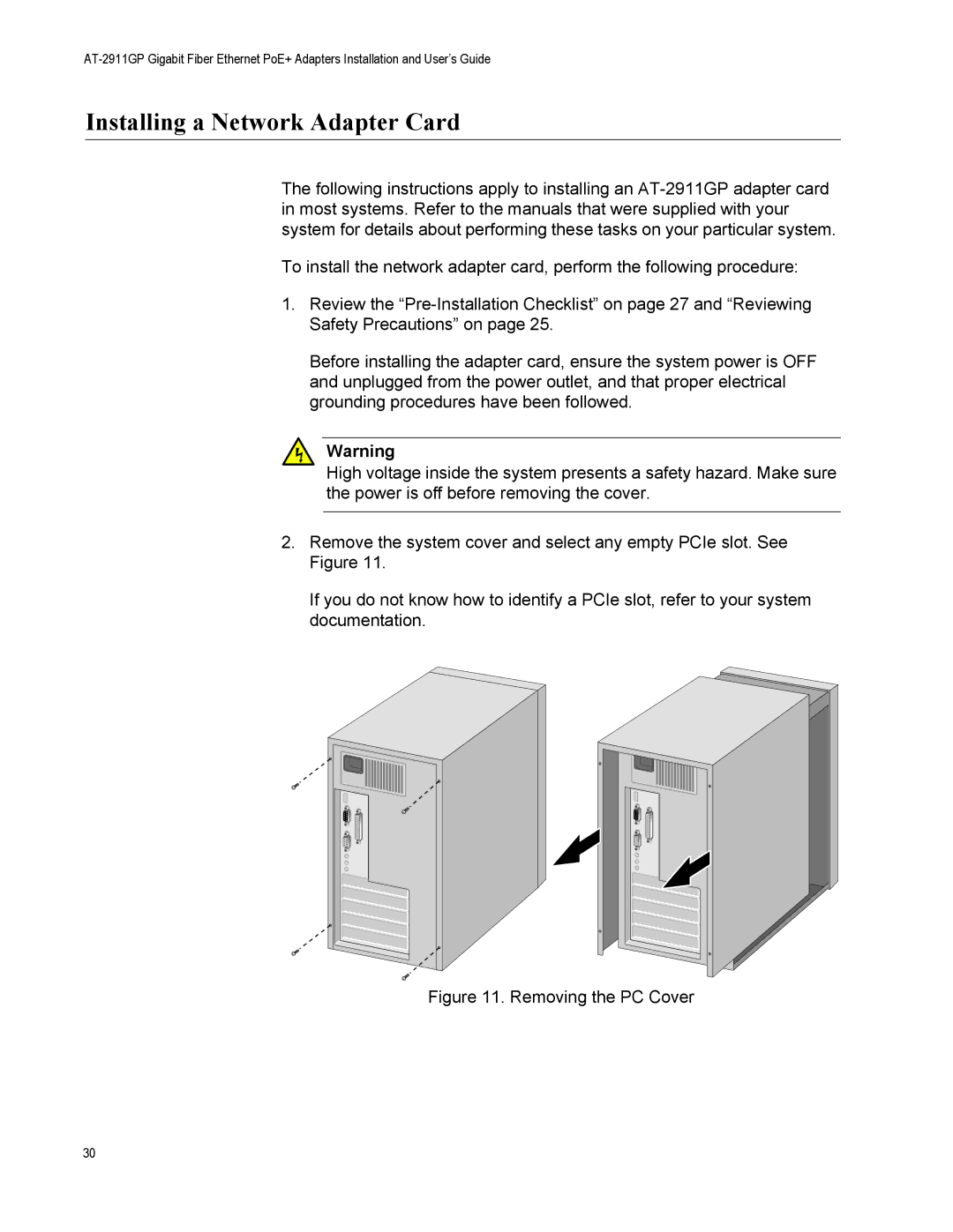 Allied Telesis AT-2911GP/SXLC, AT-2911GP/LXLC, AT-2911GP/SXSC manual Installing a Network Adapter Card, Removing the PC Cover 