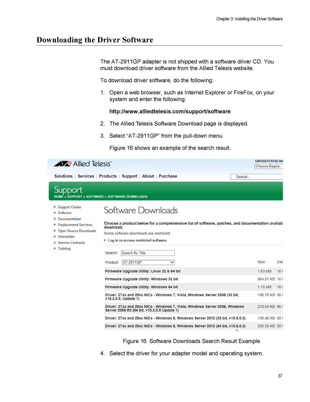 Allied Telesis AT-2911GP/SXSC, AT-2911GP/LXLC manual Downloading the Driver Software, Shows an example of the search result 