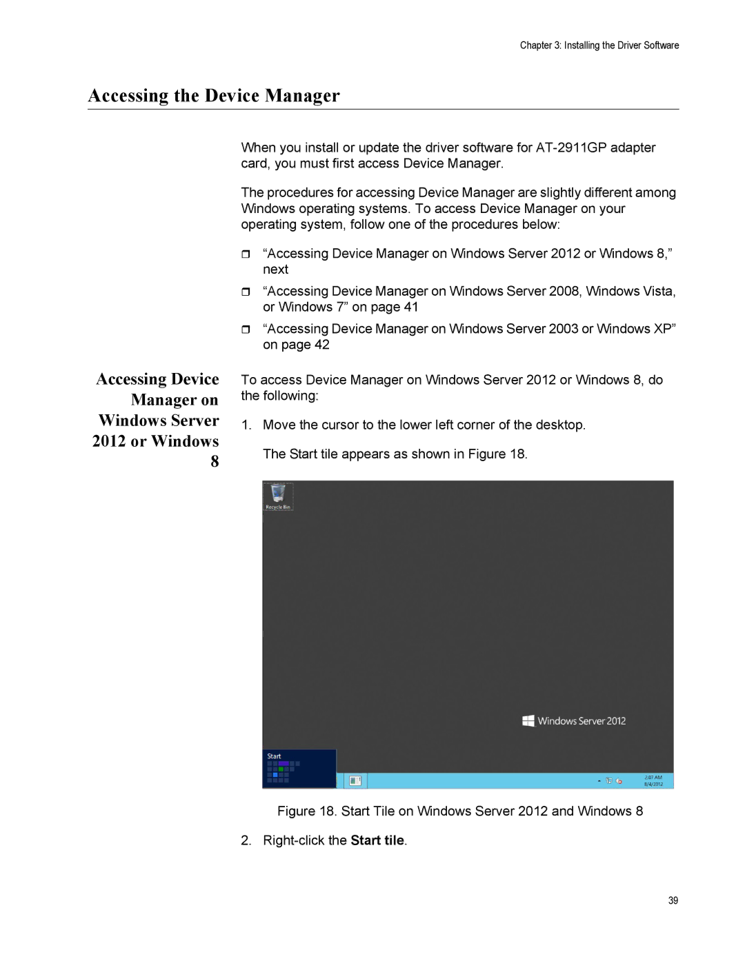 Allied Telesis AT-2911GP/LXSC Accessing the Device Manager, Accessing Device Manager on Windows Server 2012 or Windows 